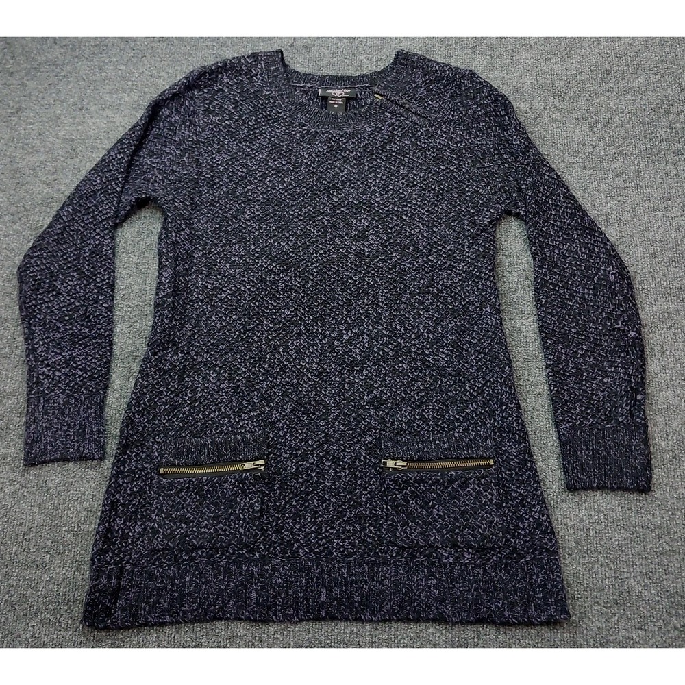 Hooked Up IOT Black Purple Long Tunic Knit Sweater Zipper Accents Pockets M